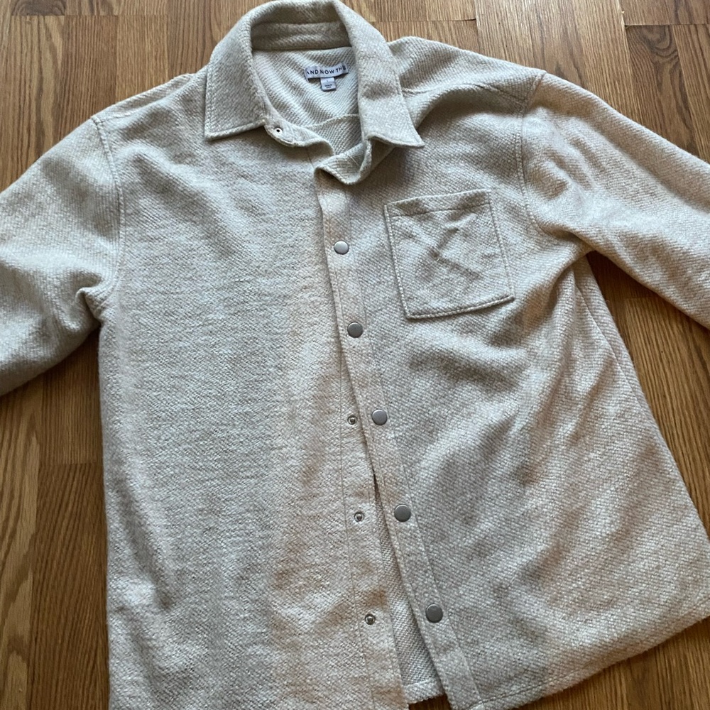Men's Neutral Cream Button-Front Casual Shirt Jacket
